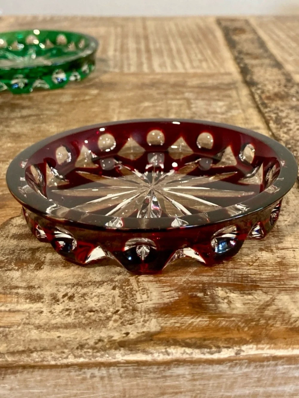 Faberge Xenia Drink Coasters Cut Crystal Red and Green with Starburst Pattern